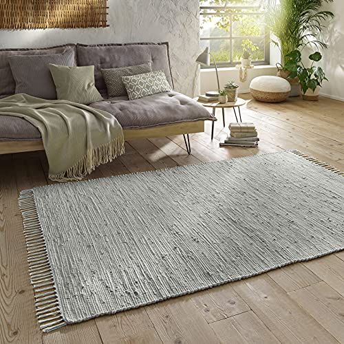 Taracarpet Handwebteppich Läufer Fleckerl Teppich Uni waschbar aus Baumwolle für Wohnzimmer und Küchenteppich 140x200 cm grau