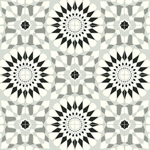 Patterned Magic Vinyl Flooring 2.8mm Realistic Foam Backed Lino Slip Resistant (Black Rosette Tiles, 2m x 2m)