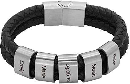 Heideman Herren Lederarmband Elian 2 Gravurplättchen silber | Elian Herren-Lederarmband, geflochtenes Leder, silberne Gravurplättchen, personalisierbar, Magnetverschluss, für Männer