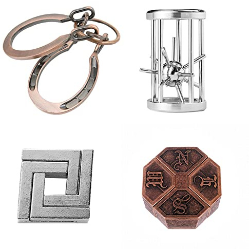 RoseFlower 3D Metall Knobelspiele, 4 Stück IQ Spiele Puzzle Set, Brainteaser Puzzle, Metall Draht Geduldsspiel, Metall Puzzle Spielzeug für Erwachsene Studenten und Kinde