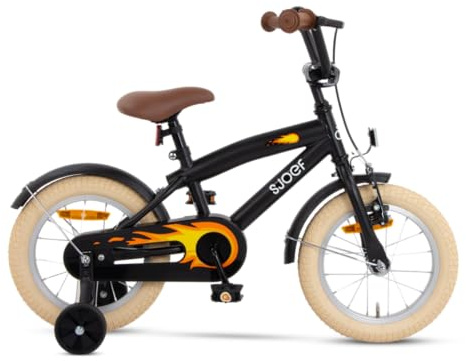 SJOEF Cruise Kinderfahrrad 14 Zoll | Ab 3-5 Jahren | einfache Montage (95% vormontiert) | Kinder Fahrrad für Jungen/Jugend | Kleidergröße von 98 bis 108 cm | inklusive Stützräder - Matt Schwarz