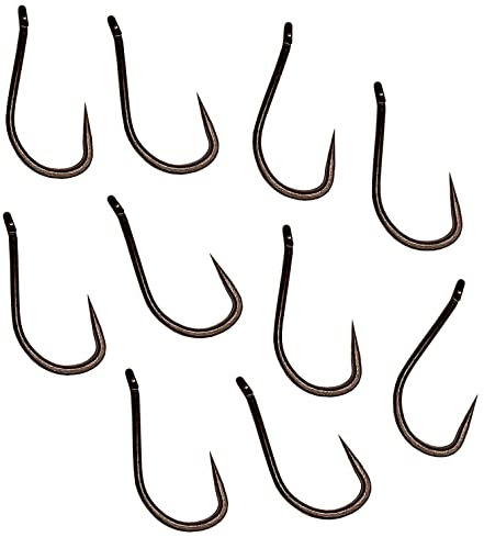 Carp On - 10 Stück Größe 8 Chod-Angelhaken mit Ösen, aus Teflonbeschichtetem Karbonstahl (ohne Widerhaken – Camouflagebraun, 10 Stück – Größe 8) [14–7508]
