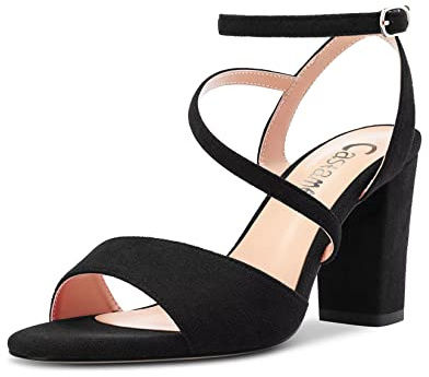 Castamere Femmes Bloc Chunky Haut High Talon Heel Ouvert Bout Lanières Cheville Sandales Dress Mariage 8 CM Heels Noir Suède 45 EU