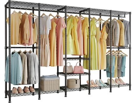 Higeego H5 Extra Large Wire Garment Rack, Heavy Duty Clothes Rack, Freestanding Clothing Rack for Hanging Clothes, Wardrobe Closet with Adjustable Shelf, 93.3 Wx15.7 Dx75.4 H, Black, Load 1400 lbs