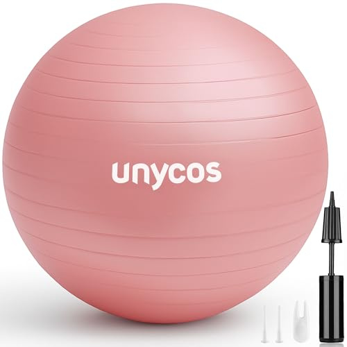 unycos - Palla Fitness 55 cm Antiscivolo in PVC con Pompa Manuale, Fitball per Pilates, Yoga, Stretching ed Esercizi di Equilibrio, Carico Statico fino a 300 kg (Rosa Chiaro con Logo)