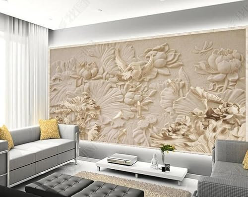 songqians Papier Peint Panoramique Effet De Relief De Grès D'Oiseau De Lotus Papier Peint 3D Tapisserie Murale Décoration Chambre Salon -336406 150x105cm