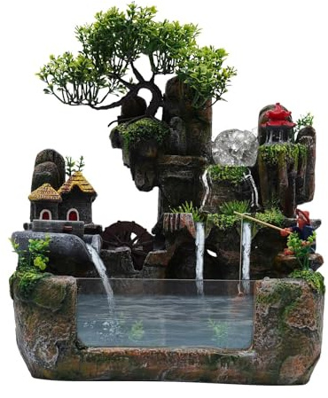 banborba Tabletop Water Fountain, Rockery Fountain, Desktop Chinese Fengshui Indoor Waterfall with LED Lights, Atomizer & Crystal Ball, Suitable for Living Room, Bedroom, Office Decoration
