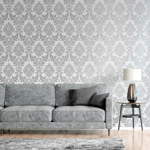 SOPHIE LAURENCE Silver & Grey Damask Wallpaper | Vintage Floral Metallic Finish | Easy Apply & Washable | 0.52m x 10.05m