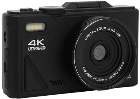 Cámara Digital 4K de 64MP con Zoom 18X, Pantalla IPS, Balance de Blancos, Estabilización, Detección de Rostros para Fotografía, Vlogging (Black)