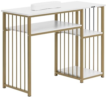 Physa table de manucure - cadre en fer - blanc / doré - 3 étagères - repose-mains onglerie