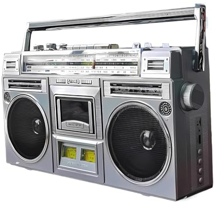 80s Style Retro Cassette Boombox with AM/FM Radio, Bluetooth, USB/SD Input - Silver, Convert Cassettes to USB/SD, Street Style Boombox Player