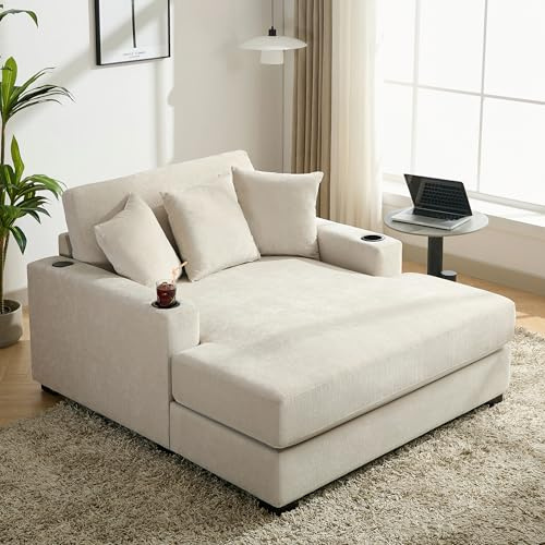 CKLMMC Modern 55 Indoor Oversized Chaise Lounger, Chenille Fabric Sleeper Sofa Couch with Pillows, Charge Station & Cup Holders,Suitable to Living Room,Bedroom and Office (Cream/55)