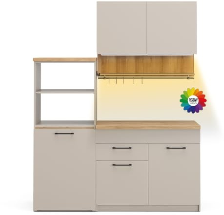 Vicco Singleküche Egbert, Greige, 160 cm | mit ausziehbarem Tisch mit LED-Leisten, mit integriertem Tellertrockner und seitlichen Regalablagen