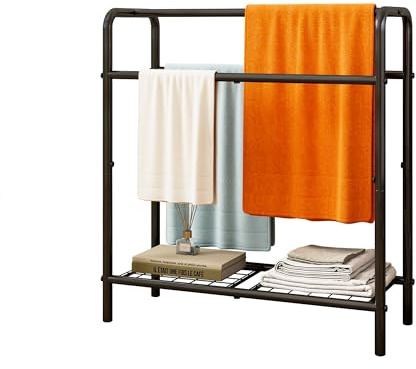 VERFARM 3 Tier Freestanding Towel Rack, Large Black Anti-rust Coating Metal Towel Rail Towel Holder with Storage Shelf, Bathroom Accessories Organizer for Bath Storage & Hand Towels, Washcloths