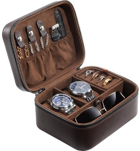 ProCase Reise Uhrenkoffer, 2 Slots PU Leder Uhrenbox Uhren Aufbewahrungbox Uhrenkasten Uhrenschatulle Watch Case -Braun
