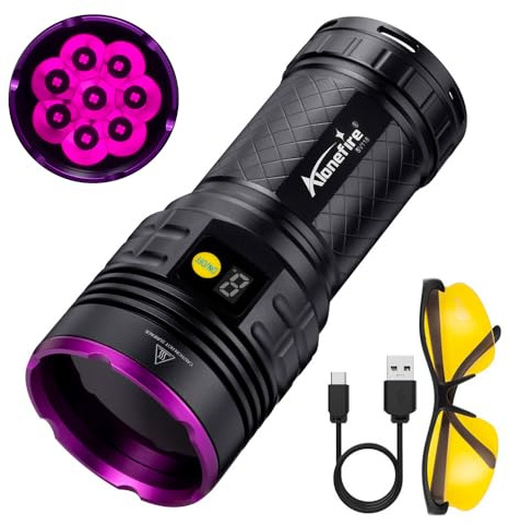 ALONEFIRE SV118 365nm UV Flashlight 80W Powerful Blacklight Digital Display USB C Rechargeable Black Light for Pet Urine Detector, Scorpion, Resin, Bed Bug, Fishing with UV Protective Glasses, Battery