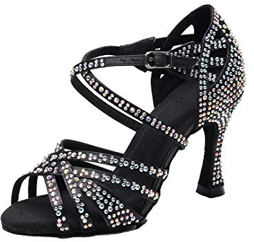 MGM-Joymod dam peep toe cross strap strass social tango balsal latinum moderna dansskor bröllop fest sandaler, Svart A 9 cm klack, 42 EU