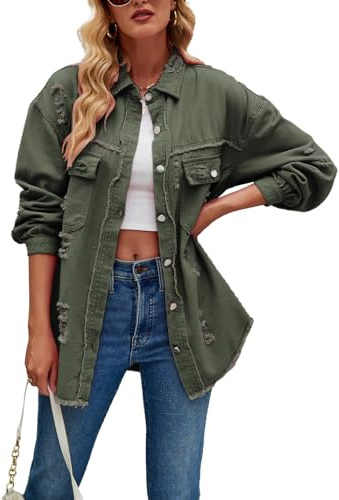 Sukany Giacca da donna in denim vintage invecchiato casual con risvolto a bottoni a maniche lunghe retrò denim camicia cappotto, Verde militare, L