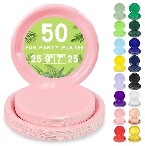 LANLISA 50 Pcs Pink Paper Plates Disposable, 25-9 & 25-7 Disposable Birthday Cake Dessert Plates For Valentines Day, Baby Shower, Easter Party, Mothers Day Party Supplies