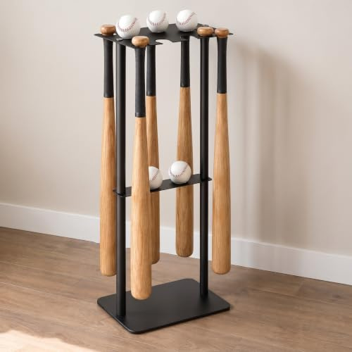 Soulchen 1 Set Baseballschläger-Halter, 8 Schläger und 5 Bälle, 87 x 30 x 21 cm, Baseballschläger-Display, Aufbewahrung, Organizer, bodenstehend, Softball-Sportausrüstung, Aufhänger, Organizer (Metall