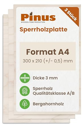 Pinus Sperrholzplatte A4 3mm 3 Stück 300x210 mm Bergahorn | 3 mm Stärke, Multiplex, B/B Qualität, glatt geschliffen, für Laser CNC Pyrographie Modellbau Dekor