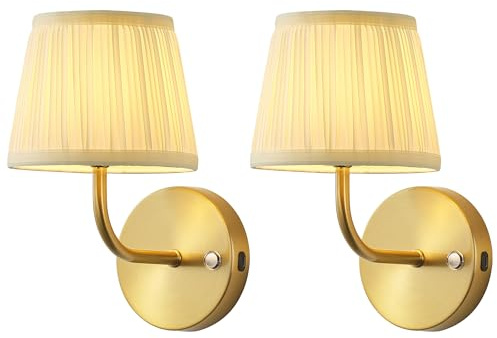 PUSU LED Cordless Gold H9.6 inch Small Wall Sconces Set of 2, Rechargeable 5200mAh Battery Operated Fabric Wall Lamp with Remote, Lighting for Living Room, Bedroom, Hallway, Bathroom, Stairs, Kitchen