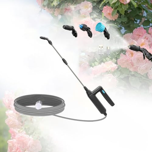 Buithafu Spruzzatore da giardino a batteria con asta telescopica, portata 23, 6, durata 2, 5 ore, 3 ugelli e tubo da 5 m, ideale per piante, concimazione e pulizia
