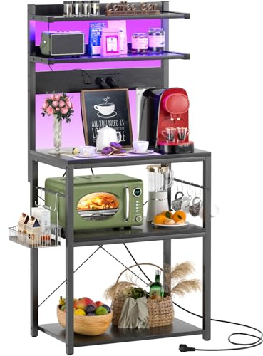 iSunirm Bäckerregal mit Steckdose, Mikrowellenständer, 5-stufige Kaffeebarstation mit LED-Leuchten, Küchenregal mit 6 S-förmigen Haken, Küchenregal für Gewürze, Töpfe und Pfannen, Schwarz