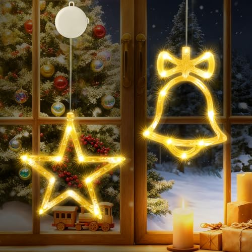 CNMTCCO Luci di Natale Decorative da Finestra, 2 Pezzi LED Tenda Luminosa Natale Stelle, Luce a Batteria per Natalizie Luci con Timer per Decorazioni Natalizie Festa