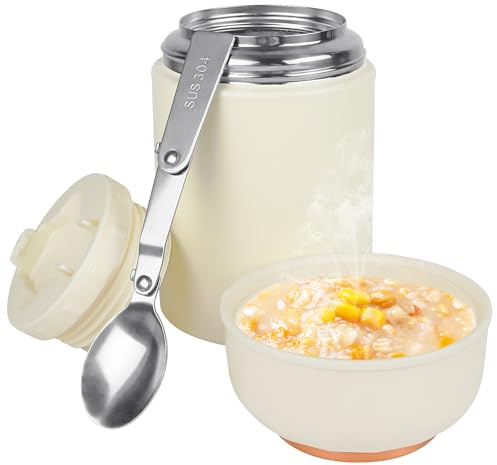 ICEBLUEOR 500ml Food Flask for Hot Food, Portable Soup Flask with Handles, Stainless Steel Thermal Food Container with Folding Spoon, Double Walled Lunch Box for Kids School Office Picnic