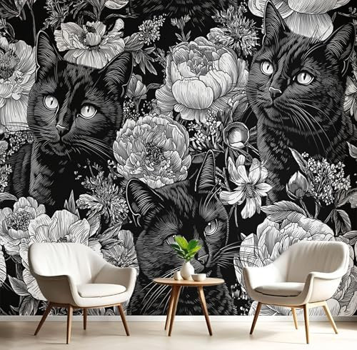 DLERFLOVR Papel Tapiz Estilo Barroco Fotográfico Gato Negro Peonía Fotomural Decoración De Pared Negro Papel Pintado de Pared para Baño, Sala de Estar, Dormitorio, 400x280cm