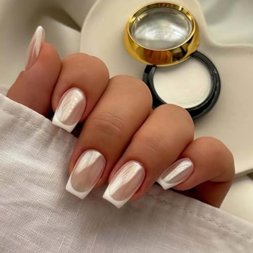 24pcs French False Nails - Chorme White Stick on Nails - Square Fake Nails with Glue - 12 Sizes Aurora French Tip False Nails - Full Cover Acrylic Nail with Design Elegant