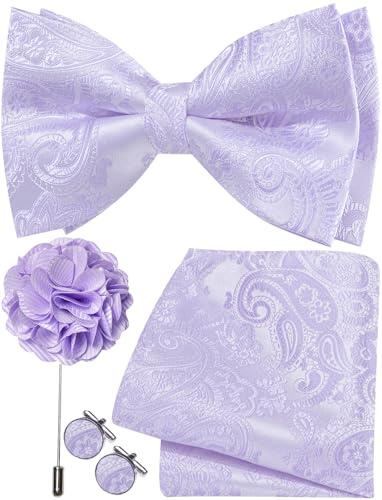 Ailisus Herren-Fliege, Paisleymuster, vorgebundene Fliege und Einstecktuch, Manschettenknöpfe, Anstecknadel-Set, Hochzeit, Party, Business, 4 Stück, lavendel, Einheitsgröße