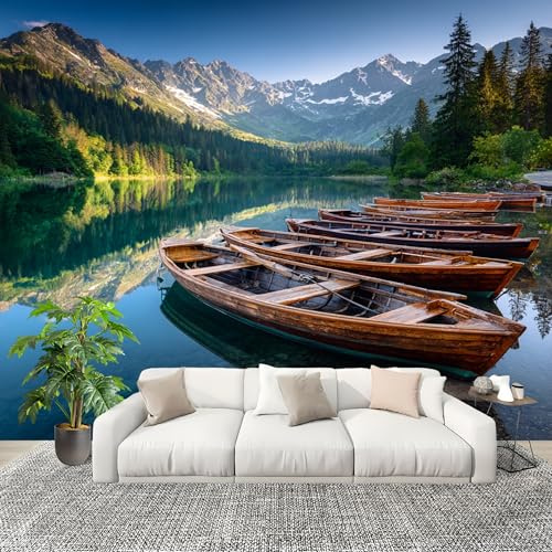 Dormitorio Papel Pintado MontañAs, Lagos, Barcos de Madera. Pared Panorámico 200x140 cm Paisajes Naturales Fotomurales No Tejido, Póster Gigante de Pared Personalizado 3D Para Salón Fotomurales