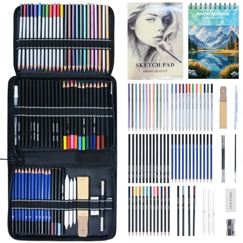 Ninonly Zeichenstifte Professionell Set 75Pcs Zeichenstift Set mit Skizzenbleistift, Graphitstift, Kohlestift,Farbstift,Skizzenbuch,Zeichenzubehör Für Künstler,Anfänger,Erwachsene, Teenager