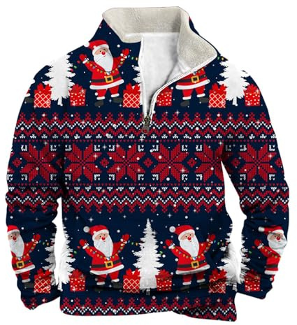 Generisch Suéter navideño casual para hombre, de manga larga, cuello alto, cuello de terciopelo, sudadera, azul oscuro, L