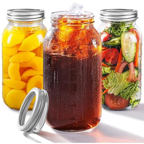 3 Pack 64oz Wide Mouth Glass Mason Jars with Leakproof Lids, Pickling Jars | Airtight Silver Metal Lids Food Jars 1.9L Capacity, Ideal for Jam, Honey, Sauces, Salad, Overnight Oats