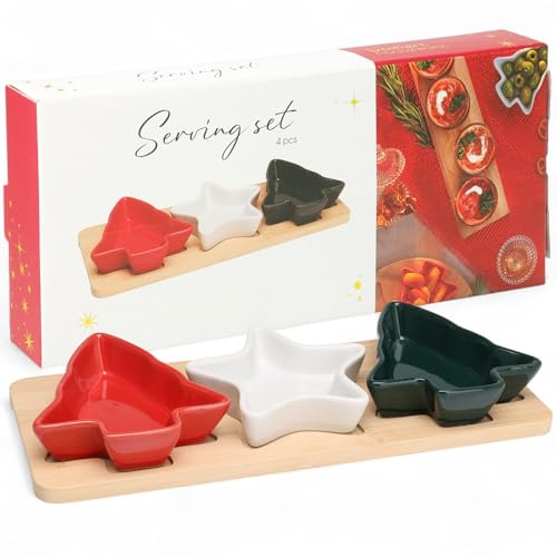 MIJOMA Servierset Weihnachten 4-teilig – 3 Porzellanschalen in Stern- & Tannenbaumform in Rot, Grün & Weiß – Holztablett – Festliches Snack- & Dipset