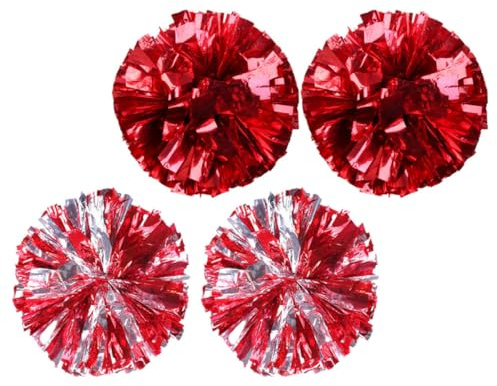 Zerodeko Lot de 4 Pompons de Cheerleading Métalliques 30 Cm Rouge et Argenté, Pompons de L'équipe de Cheerleading Anneaux Lisses, Accessoires D'encouragement pour Compétitions Sportives