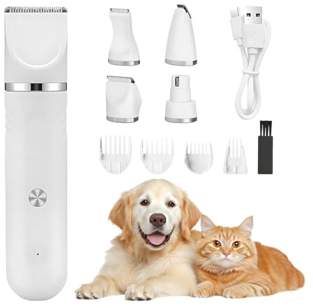 Tondeuse Chien 4 en 1, Professionnelle Tondeuses pour Chien Sans Fil, Silencieuse Tondeuse pour Chats, 4 Têtes de Coupe Multi-usages pour Chats et Chiens, Avec Peigne Limite