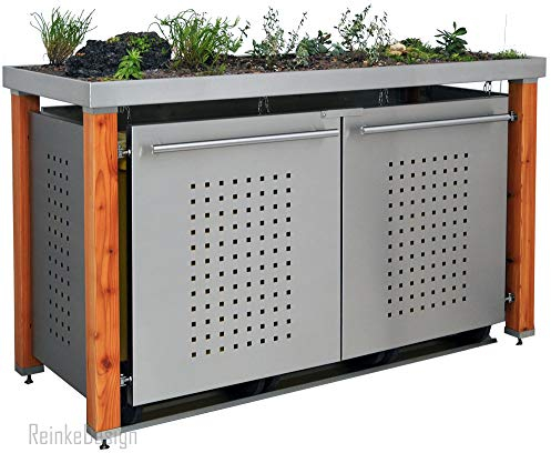 Mülltonnenbox aus Edelstahl mit Lärchepfosten (3X 120l, F-Design, Pflanzenwanne, Edelstahl)