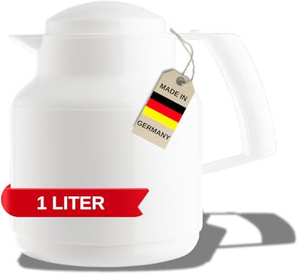 MARKUTEC Mobby Clip Isolierkanne – 1 Liter – Weiß – Weite Einfüllöffnung – Hochwertiger Glaseinsatz – Ideal für Tee & Kaffee