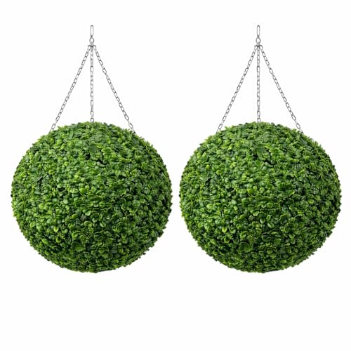 Floralcraft Artificial Boxwood Hanging Topiary Balls 55cm – Pair with Chains – UV Resistant Outdoor Garden Decor Spheres for Patio, Pergola & Entrance