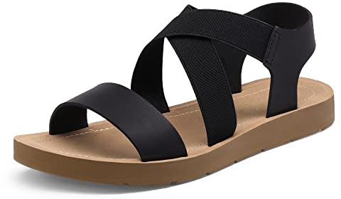 DREAM PAIRS Women's Open Toe Elastic Ankle Strap Flat Summer Sandals,Size 9,Black,ELENA-2