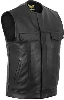 Leatherick SOA Chaleco de motorista de cuero genuino sin cuello SOA para hombre Chaleco sin cuello para motorista, con bolsillos profundos