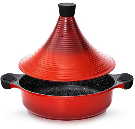 Tagine Cooking Pot | 28cm / 4.1 L | Large Casserole Dish | Nonstick Chemical Free Coating | Compatible with all Hobs | Traditional Moroccan Tender Slow Cook Tajin Pan (Red)