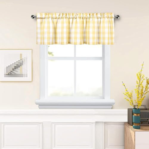 Amzdecor Vorhang, Büffelkaro, Leinen, durchscheinend, Büffelkaro, Stangentasche, rustikales Bauernhaus, Küche, Fensterdekoration für Wohnzimmer, Schlafzimmer, 1 Panel, 140 x 38 cm, Gelb und Weiß