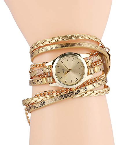 Brrnoo 7 Farben Frauen Braid Weave Armbanduhr, Quarz Analog Runde Uhr für Teen Girls (Gold)