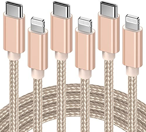 GlobaLink USB C to Lightning Cable, 3Pack 2m MFi Certified iPhone USB C Cable, Fast Nylon iPhone 12 Charger Cable Long Type C to iPhone Charger Cord for iPhone 13 12 Mini 12 Pro Max 11 Pro X 8 - Gold