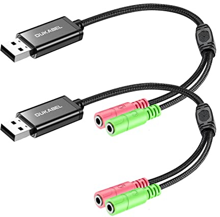 DuKabel 2 Pack Externe USB Soundkarte Adapter für Computer, Laptop und PS4, USB auf 2 x 3.5mm Buchse Aux Audio Konverter Kabel 25 cm für Kopfhörer, Lautsprecher und 3 Pole TRS Mikrofon - Schwarz